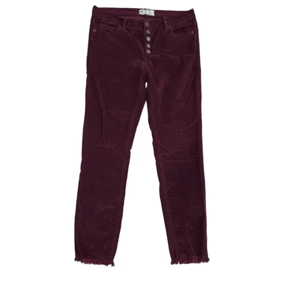 FREE PEOPLE BURGUNDY CORDUROY BUTTON FLY ANKLE/CROPPED SKINNY JEANS. SIZE 27. - Picture 1 of 7